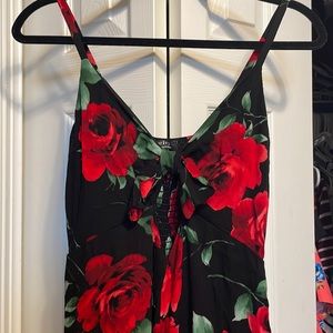 NWOT Red and black rose pants romper
